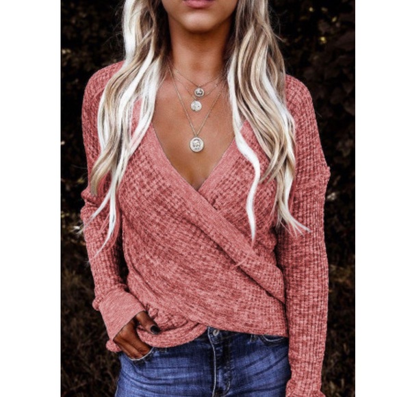 Sweaters - Deep V-neck Long Sleeve Knit Sweater